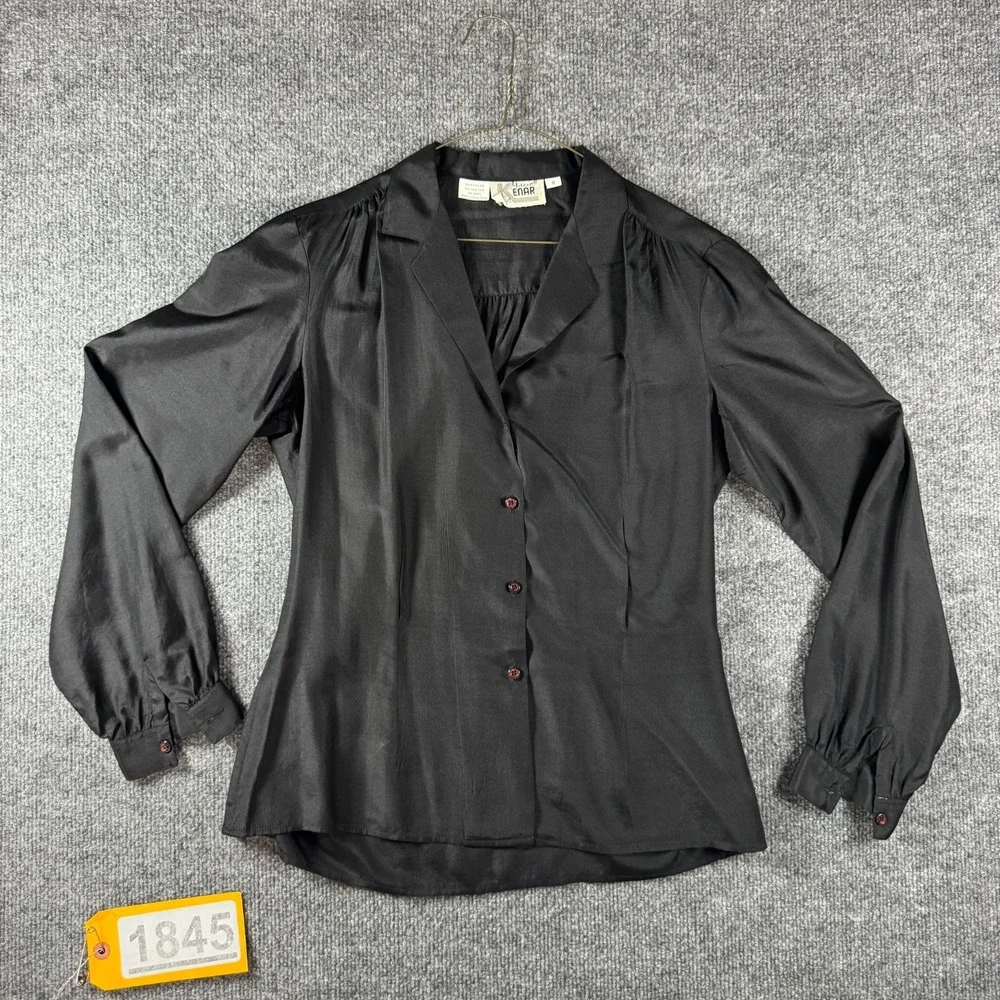 Vintage Marie Kenar Shirt Top Womens 8 Black Pure Silk Long Sleeve Button Front